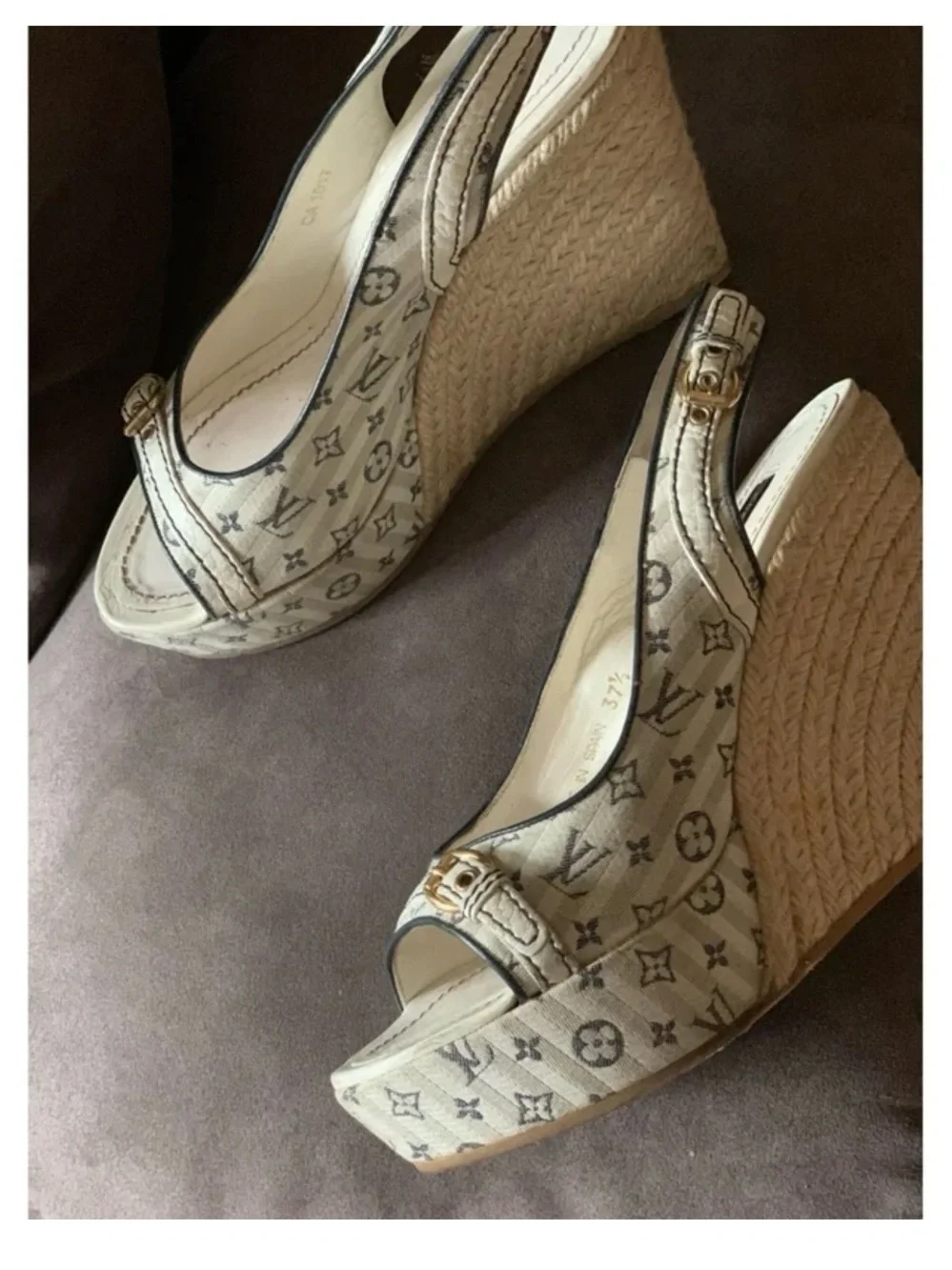 Louis Vuitton Beige Monogram Canvas Wedge Slingback Sandals